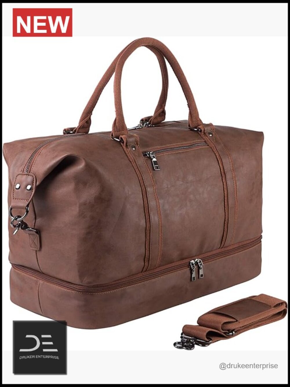 Vintage Weekender Overnight Travel Duffel with Shoe Pouch, Waterproof PU